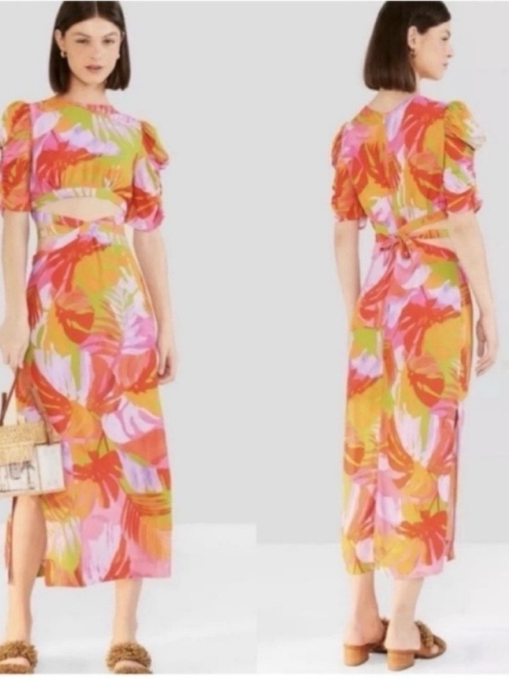 FARM Rio Colorful Leaves Cut-Out Midi Dress Large multi